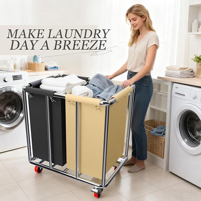 Commercial Laundry Cart with Wheels, 400L 2-Section Large Lanudry Hamper with Wheels, Heavy-Duty Rolling Laundry Cart with Silent Rubber & Waterproof Oxford Bags (Black Beige)