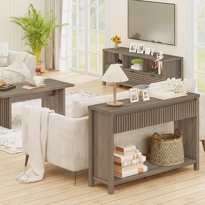 BON AUGURE Console Table with Storage, Entryway Table with Drawers, 47In Couch Tables Behind Sofa, Sofa Tables with Two-Tier Shelf for Living Room, Hallway, Front Door, Greige Oak