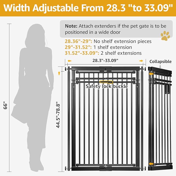 78.8" Extra Tall Cat Gate, 28.3-33" Wide Cat Door for Stairs, Pressure Mounted Easy Walk Through Safety Metal Pet Door for Doorway, No Drilling Pet Gate for Dogs (Black)