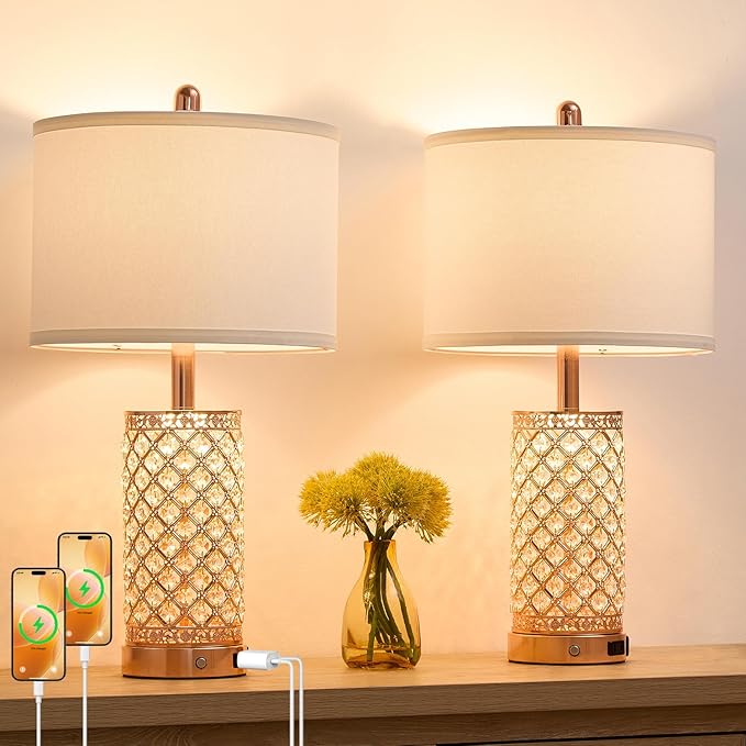 Crystal Table Lamps 3-Way Dimmable Bedroom Lamp with 2 USB Ports & AC Outlets for Living Room Retro Bedside Nightstand Lamp Night Light (Rose Gold- 1 Pack 24In)
