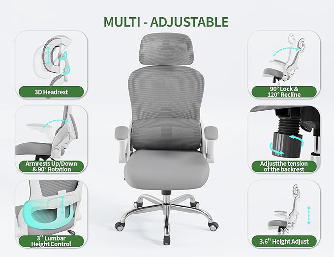 Ergonomic Office Chair - Computer Desk Chairs Comfy, Mesh High-Back Gaming Chair with Adjustable Lumbar Support, Executive Task Chair for Adults, Comfortable for Long Hours (White Grey)