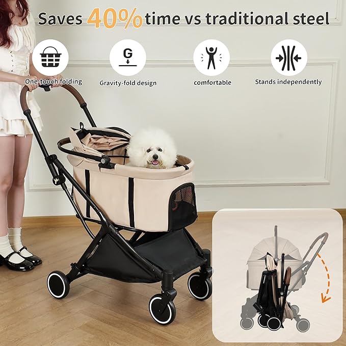 Pet Stroller for Small Dogs & Cats – Gravity Foldable 3 in 1 Dog Stroller with Lightweight Removable Carrier Holds up to 44 lbs & 180° Canopy with Storage Basket