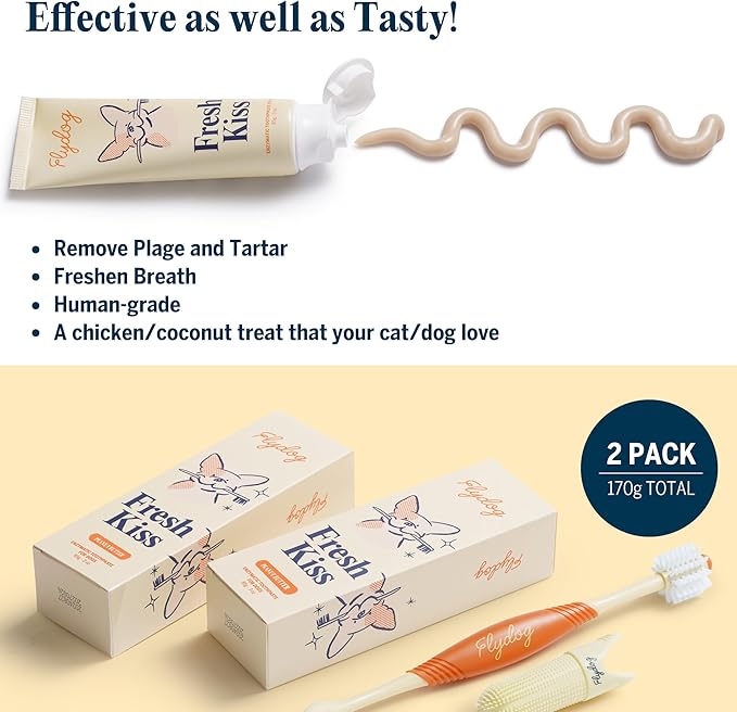 FlyDog Fresh Kiss Dog Tooth Brushing Kit - Vet Approved Formula, Enzymatic Dog Toothpaste and Brush - Breath Freshener & Tartar Remover, 360° Toothbrush & Finger Brush, Dental Guide, Peanut Butter