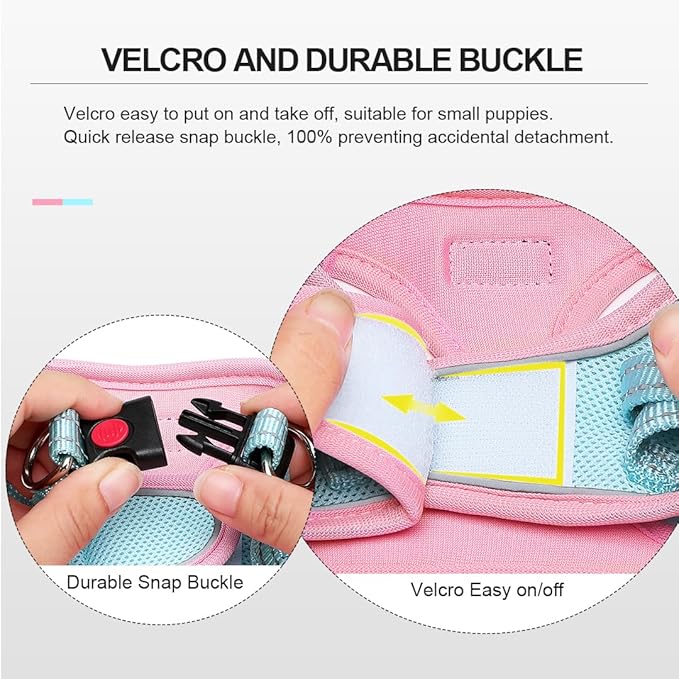 Mercano Soft Mesh Dog Harness and Leash Set, No-Chock Step-in Reflective Breathable Lightweight Easy Walk Vest Harnesses with Safety Buckle for Small Dogs, Cats (XL, Pink Blue)