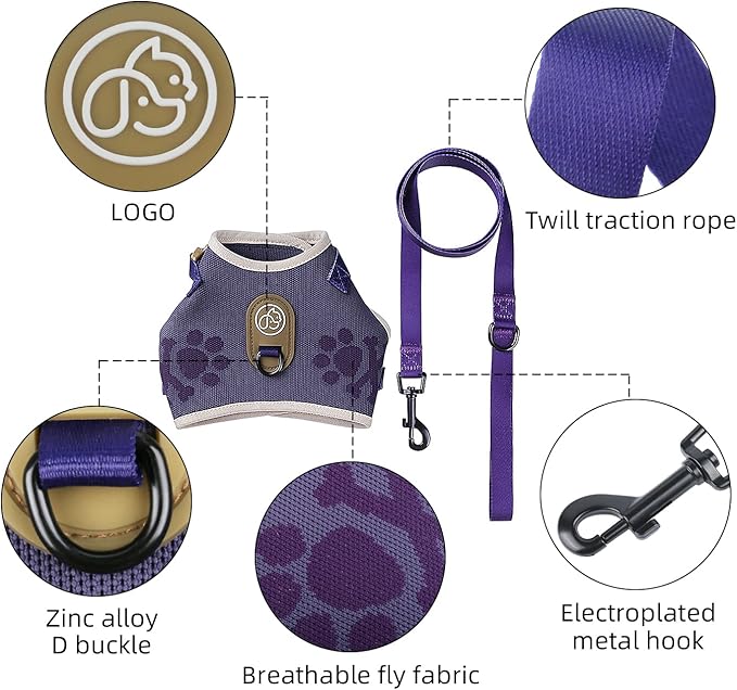 EVERKING Cat Harness and Leash Set, New Fly Fabric, Soft and Breathable, Adjustable cat Walking Jacket, Fashionable cat Vest (Purple, M(Neck 8.66"-12.6", Chest 12.6"-20.87", 12-19lbs))