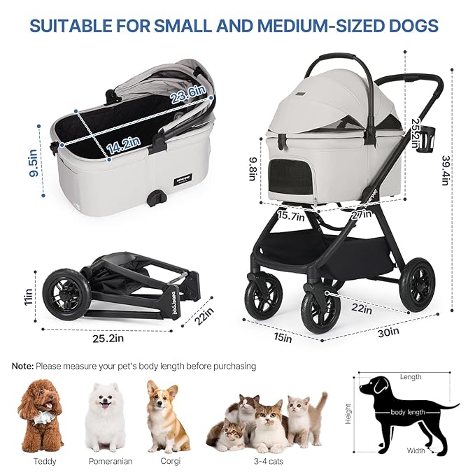 X-5 Luxury Pet Stroller for Medium Dog Under 55lbs or 2 Small Dogs & Cats, One-Touch Folding, Adjustable Handle, Detachable Carrier and Inflatable Wheels (Grey)
