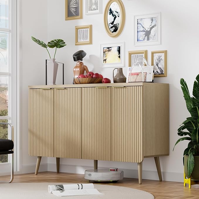 4-Door Fluted Sideboard Buffet Cabinet, 47" Large Storage Cabinet with Shleves, Wood Modern Accent Credenza Kitchen Table for Dining Room, Living Room & Entryway, Oak