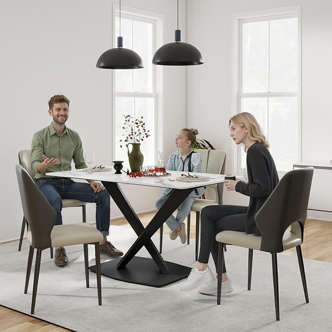 55" Modern Dining Table for 4-6 People, White Sintered Stone Table Top with X-Shape Carbon Steel Pedestal, Large Rectangular Table for Kitchen Living Room