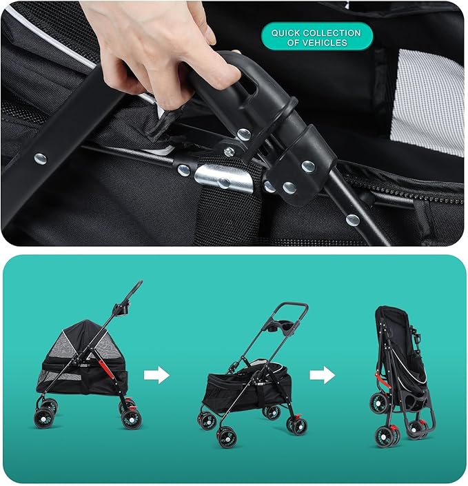 Pet Stroller,4 Wheels Outdoor Travel Pet Folding Stroller,Cat Strollers w/Removable Carrier,Dog Cat Cage Strollers with Cup Holder,Breathable and Visible Mesh for Medium Small Dog 1 Set