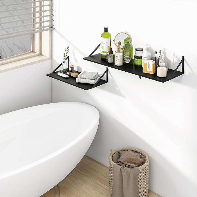 Heimlove Black Deep Floating Shelves for Wall, 36W x 12D Wood Wall Shelves Set of 2, Wide Floating Bookshelf for Living Room, Kitchen, Office, Bedroom and Decor Storage, with Metal Bracket - Black