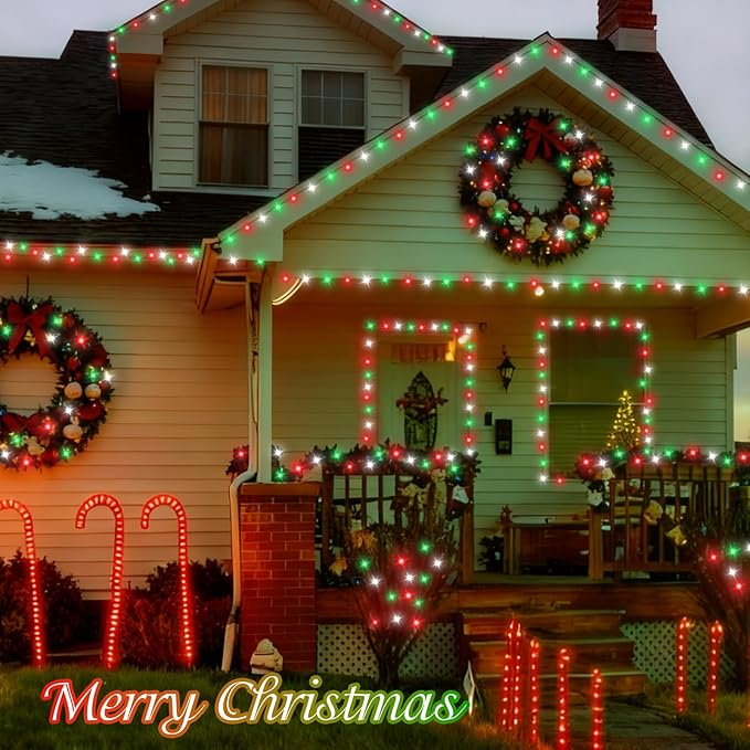 QITONG Red White Green Christmas Light Outdoor Waterproof, 165ft 500 LED String Lights with 8 Modes, Clear Wire Christmas Tree Light Indoor Plug-in