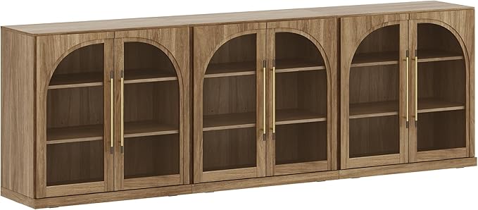 BELLEZE Set of 3 Modular Sideboard with Arched Glass Door, Accent Display Buffet Cabinet with Storage and Adjustable Shelves,Classic Modern Credenza for Dining Room Living Room Entryway (Camel)