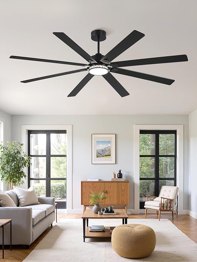 Fanbulous Modern Farmhouse 84 Inch Large Ceiling Fan, 6-Speed Reversible DC Industrial Ceiling Fans with Lights for Shop/Living Room/Covered Outdoor-Black