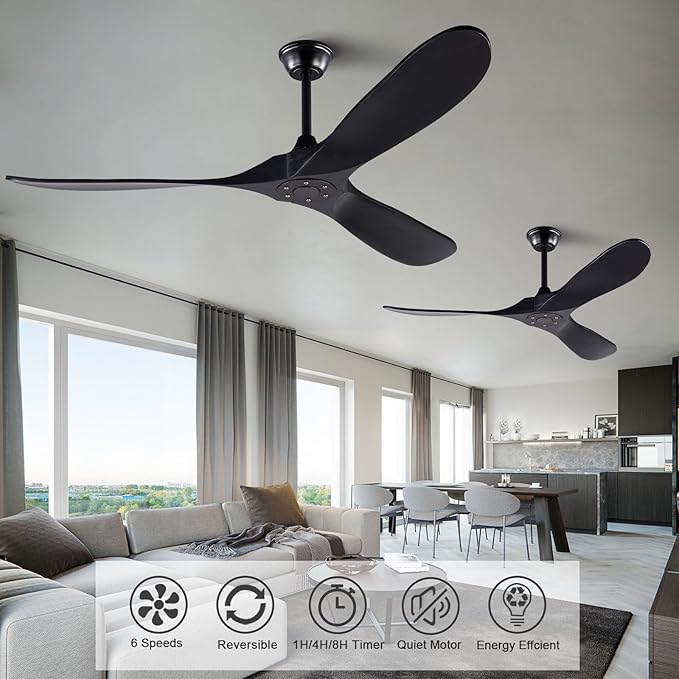 72 inch Ceiling Fan no Light, Quiet Reversible DC Motor Wood Ceiling Fan without Light, Black Modern Ceiling Fan with Remote Control for Outdoor Indoor Farmhouse Patios
