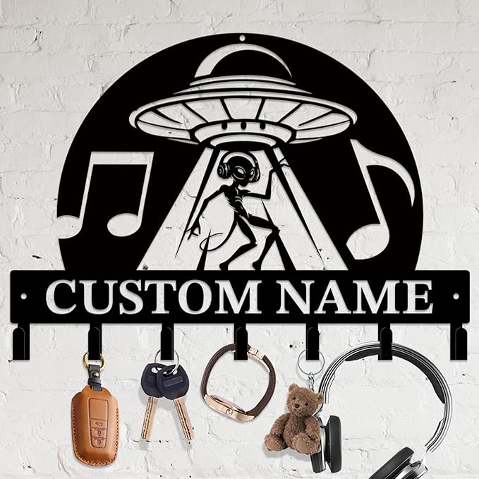 Personalized Custom Alien ET UFO Metal Wall Keys Hooks,Clothes Hooks Alien ET UFO Art Coat Racks,Door Holder,Black Alien ET Decorations for Home,Entrance Doors,Hallway, Bedroom,Keys,Hats (Style L)