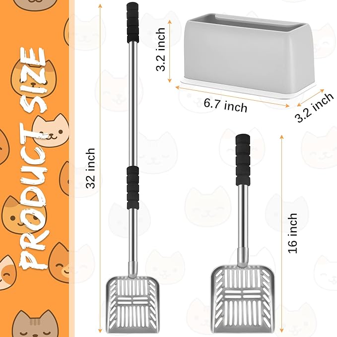 32 Inch Cat Litter Scooper Metal Long Handle with Cat Litter Scoop Holder Deep Kitty Sifter Shovel Detachable Stainless Steel Poop Sifter Scooper Caddy Kitty with Box(Gray)