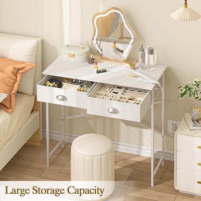 Small Vanity Desk No Mirror for Kids Bedroom, 31.5 Inch Vanity Table with Drawers, Makeup Vanity Desk for Narrow Spaces, White Dreessing Table(No Mirror)