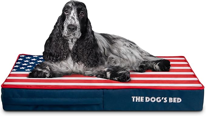 The Dog’s Bed Orthopedic Memory Foam Dog Bed, Medium Blue & Red Trim USA Center Flag 34x22, Pain Relief for Arthritis, Hip & Elbow Dysplasia, Post Surgery, Supportive, Calming, Waterproof Washable