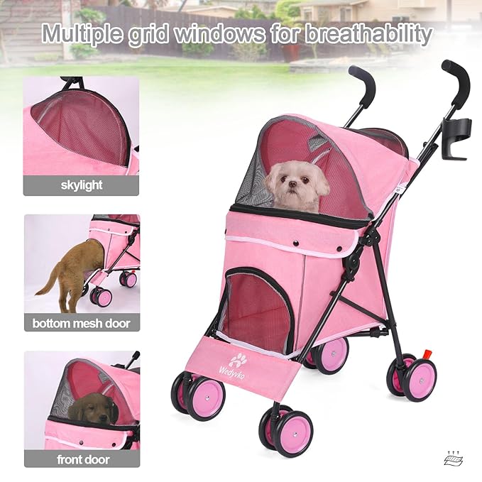 Umbrella Dog Stroller, Foldable Pet Stroller for Small Dogs Cats, 4 Wheels Pet Strolling Cart with Carrying Strap and Cup Holder, Breathable and Visible Mesh, Dog Poop Bags & Dispenser (Pink)