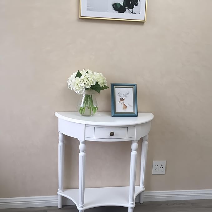 Solid Wood Console Table with Drawer, Semi-Circle Entryway Storage Shelf, Half-Moon Porch Table Side Elegant Vintage Sofa for Living Room (White (23.6" L x 11.8" W x 31.5" H))