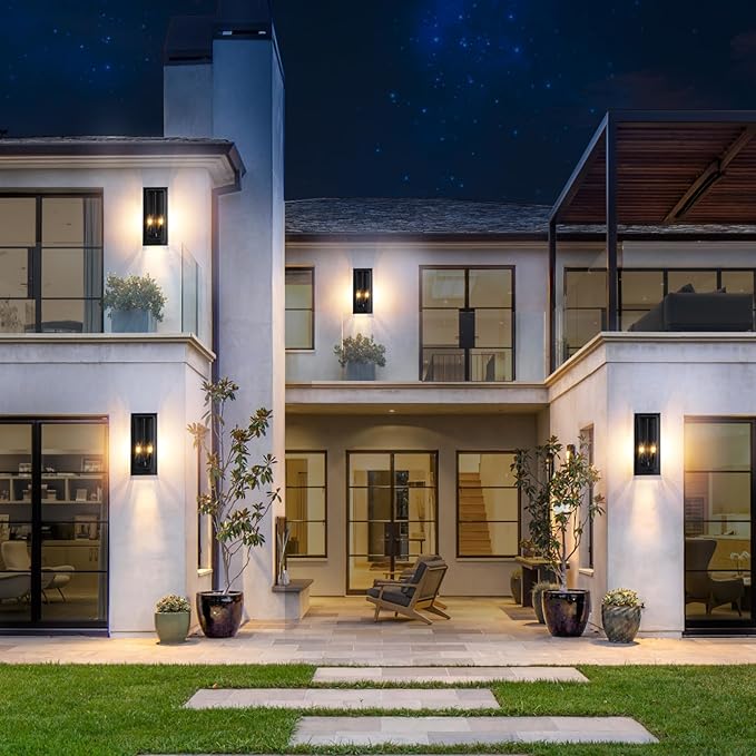 2-Pack Large Outdoor Wall Lanterns, 18” Exterior Waterproof Rectangular Sconce with Glass Shades, Matte Black Porch Lights, Anti-Rust 2-Light Modern Light Fixtures for Patio Garage Entryway Front Door