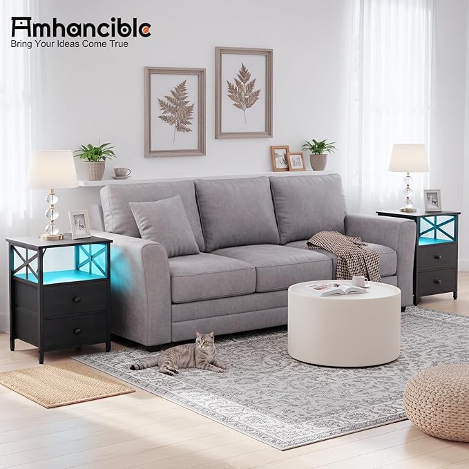 AMHANCIBLE Night Stand Set 2, LED Nightstand with Charging Station, End Tables Living Room with Fabric Drawers, Bedside Table for Bedroom, Black, HET052LBK