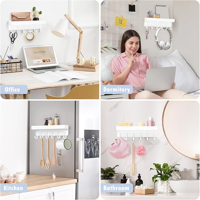 kuaima Magnetic Key Holder, Small Wall Mount Key Rack with Shelf for Fridge, 6 Metal Hooks, 9.65 Inch, 2 Installation Options, White