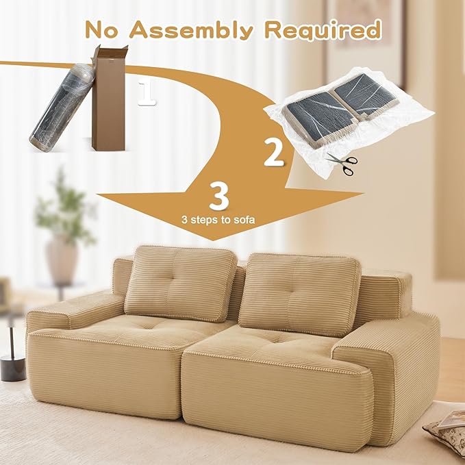 80" Modern Compressed Boneless Love Seat Couches, 2 Seater Large Sectional Couches for Living Room, Camel Corduroy Cloud Modular Sectional Sofa, Memory Foam, Extra Deep Loveseat, No Assembly