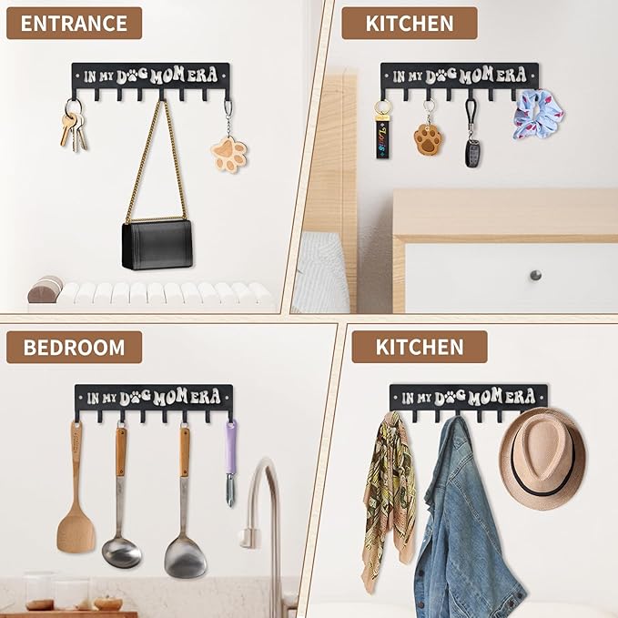 Black Modern Key Holder, 8 Hooks, 11.8x2.56 Inch, Iron, Wall Mount, Dog Leash Holder, Gifts for Dog Lovers