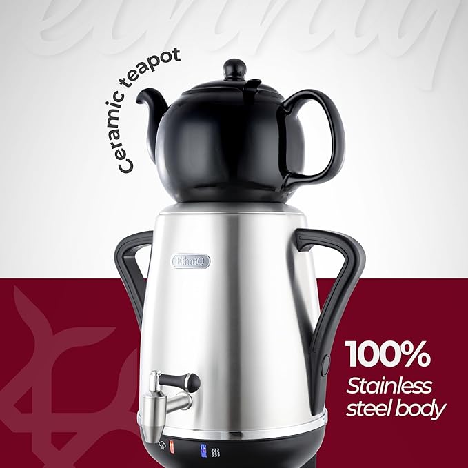 ETHNIQ - Electric Samovar | 4L Stainless Steel Tea Maker | Adjustable Temperature Controller | Boil Dry & Auto Shot-off | 1.2L Porcelain Teapot | Turkish, Persian, Russian Tea Kettle (Black)