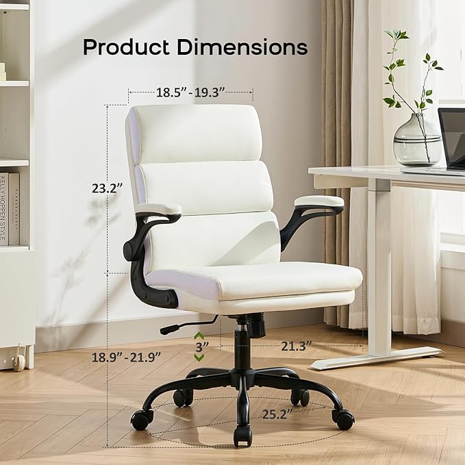 Office Chair Adjustable Desk Chair Mid Back Executive Comfortable Bonded Leather Ergonomic Back Support Home Computer Chair with Padded Flip-up Armrest Swivel Wheels (White)