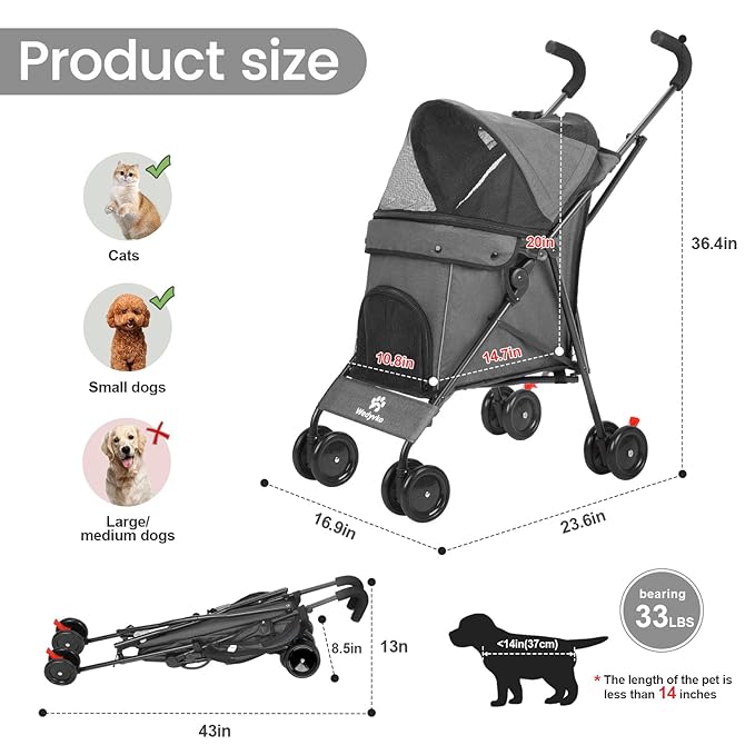 Wedyvko Umbrella Dog Stroller, Foldable Pet Stroller for Small Dogs Cats, with Carrying Strap and Cup Holder, Dog Poop Bags & Dispenser, Multicolor (Dark Grey)