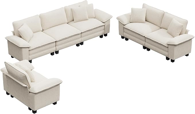 PHI VILLA Cloud Modular Couches Sets, 3 Pieces Large Sectional Sofa Set with Loveseats & Armchair, 6-Seater Upholstered Couch for Living Room, Corduroy Fabric, Beige