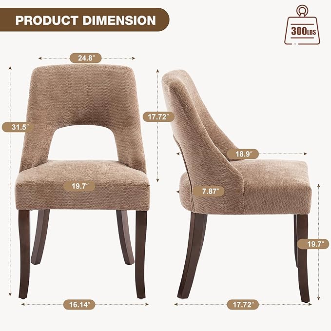 UVV Wooden Dining Chairs Set of 2, Mid Century Modern Upholstered Dining Room Chair Kitchen Chairs, Chenille Dinner Chair with Solid Wood Legs for Kitchen Dining Room, Khaki-Chenille
