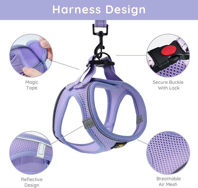 BELLA & PAL Step in Vest Harness for Small and Medium Dogs, No Pull Small Dogs Harness with Leash Set, Comfortable Air Mesh Dog Vest Harness with Reflective Strip (Lavender, M)