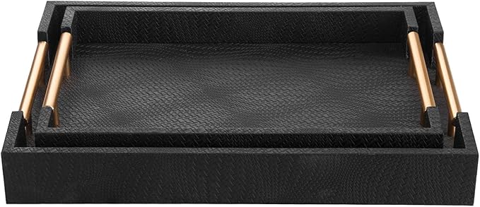 2 Piece Woven Leather Ottoman Tray with Gold Handles, Perfect Rectangular Serving Tray for Living Room, Coffee Table Tray as Thoughtful Gift for Home Decor Enthusiasts (Black)