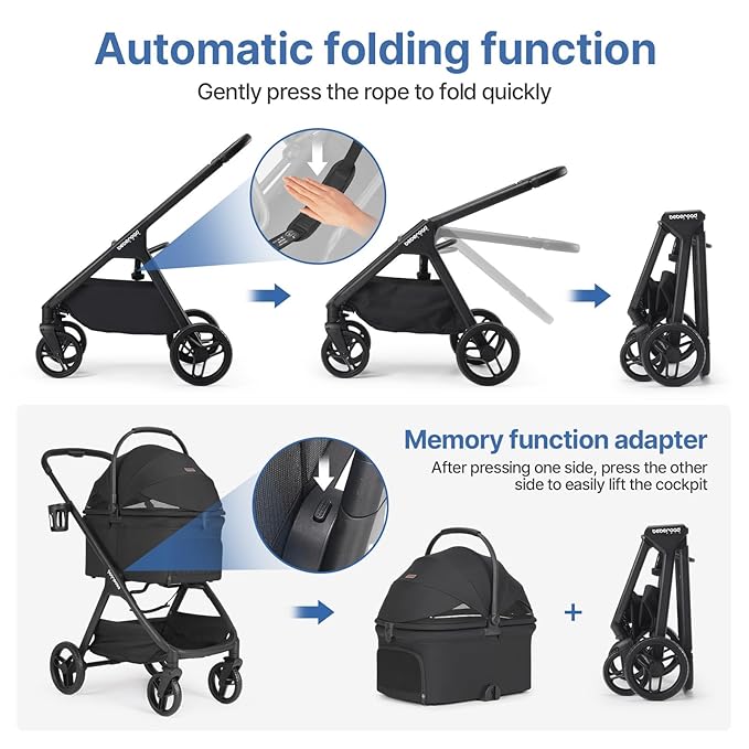 X-5 Luxury Pet Stroller for Medium Dog Under 55lbs or 2 Small Dogs & Cats, One-Touch Folding, Adjustable Handle and Detachable Carrier (Black)
