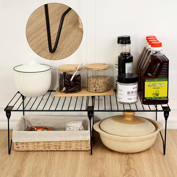 1/2-Piece Set freezer organizer,Stackable Cabinet Organizer Shelves,Foldable Pantry Shelf,Plate, Dish,Rustproof Metal Storage Organizer (1 PC, black)