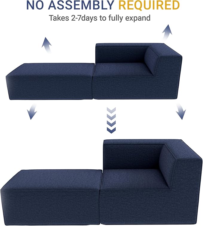 76" Sectional Compressed Sofa Modular Couches,High-Density Foam No Assembly Required, 2-Piece(1x Corner 1x Ottoman) for Living Room, Chenille Blue