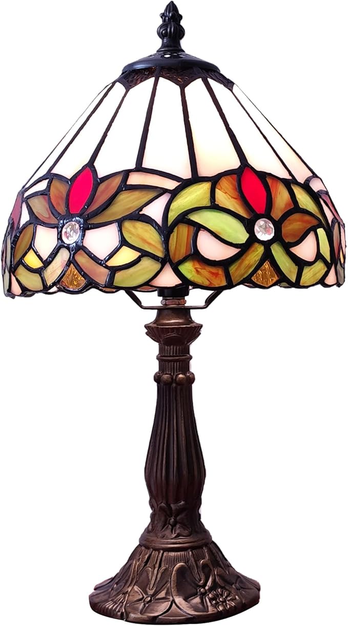Tiffany Style Small Table Lamp Stained Glass Antique Bedside Nightstand Lamp Small Antique Side Desk Light 8X8X15 Inch for Bedroom Living Room Home Office,3-Color LED Bulb Include