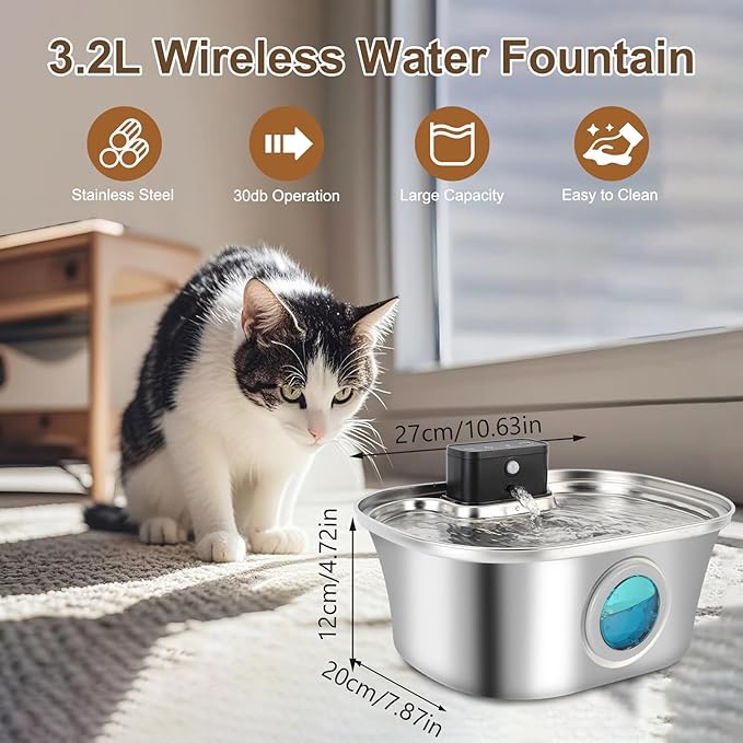 Wireless Cat Water Fountain Stainless Steel, 3.2L Large Dogs Drinking Dispenser Fountain with Spout, Automatic Feeder Indoor, Cordless Water Bowl for Cats Dogs Pets Auto Animals Waterfountain - 108oz