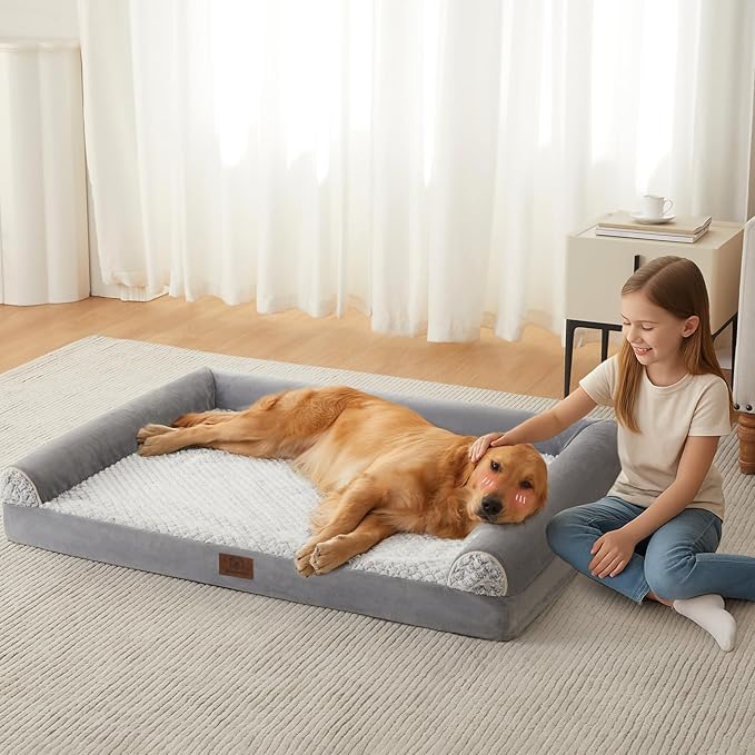 WNPETHOME Orthopedic Dog Beds for Large Dogs, Waterproof Memory Foam Large Dog Bed with Sides, Non-Slip Bottom and Egg-Crate Foam Big Pet Couch Bed with Washable Removable Cover, Grey