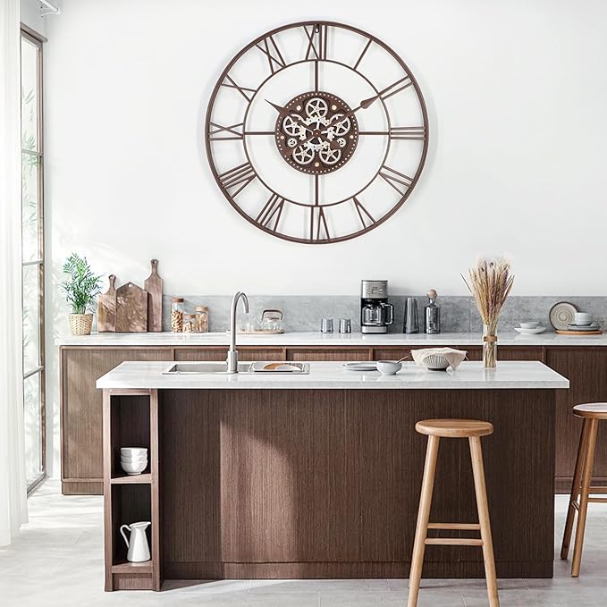 29 Inch Large Wall Clocks for Living Room Decor with Moving Gears,Large Wall Clock Industrial Steampunk,Oversized Metal Analog Wall Clocks for Farmhouse Home Battery Operated