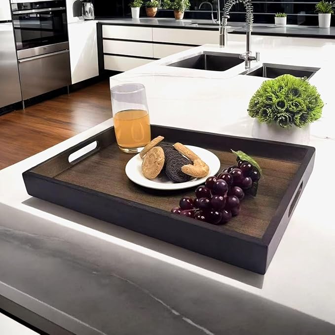 14.9''x10.2''x1.57'' Bamboo Wooden Tray with Handles, Rectangular Natural Solid Wood, Black Walnut Color Serving Tray Suitable for Kitchen,Bedroom,Coffee, Party Bars.
