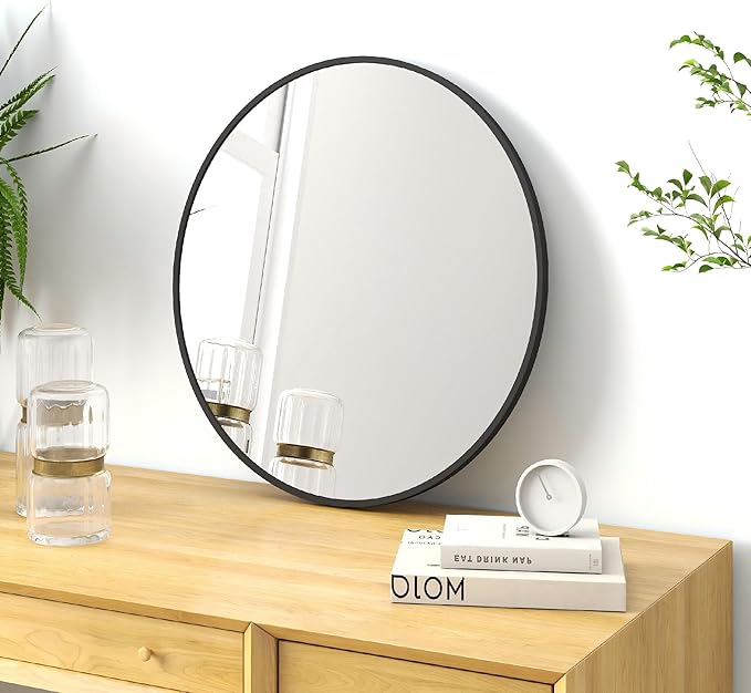 20" Round Mirror Circle Wall Mounted Hanging or Against Wall Metal Frame Dressing Make-up Mirrors for Entryway Bedroom Bathroom Living Room 20 inch Black