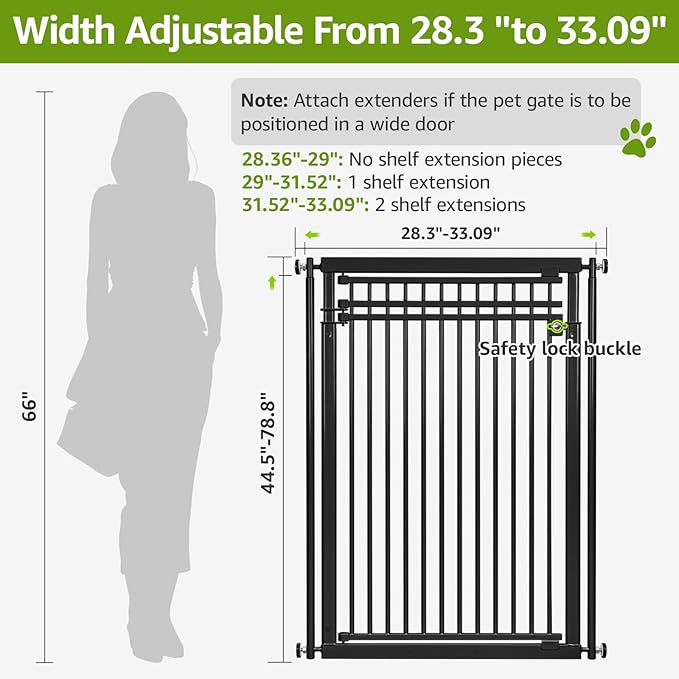 78.8" Extra Tall Cat Gate, 28.3-33" Wide Safety Metal Cat Door, Pressure Mounted Easy Walk Through Pet Gate with Door for Stairs, Doorways (Black)