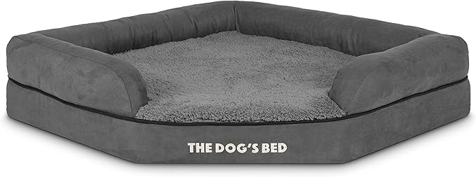The Dog’s Bed Memory Foam Waterproof Corner Dog Bed, Large, Grey Plush, Eases Pet Arthritis & Hip Dysplasia Pain, Therapeutic & Supportive, Washable Plush Fabric Cover