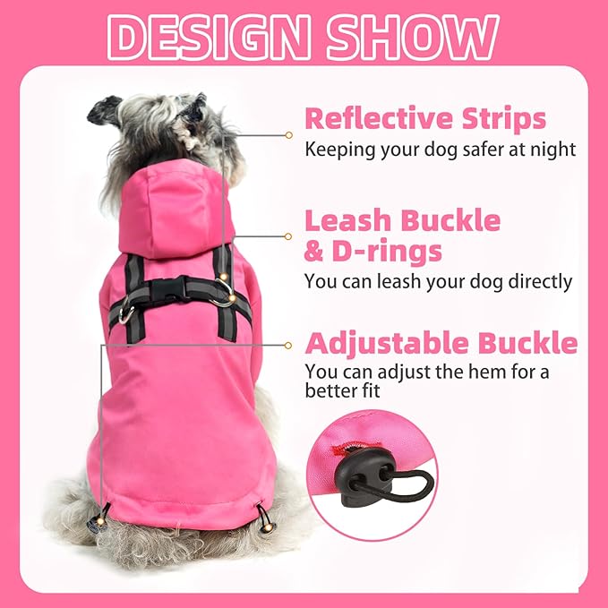 PUPTECK Dog Raincoat with Hood & Harness Built-in, Waterproof Dog Rain Jacket Slicker Poncho Reflective Vest Clothes for Rainy Snowy Winter Cold Days, Fuschia M