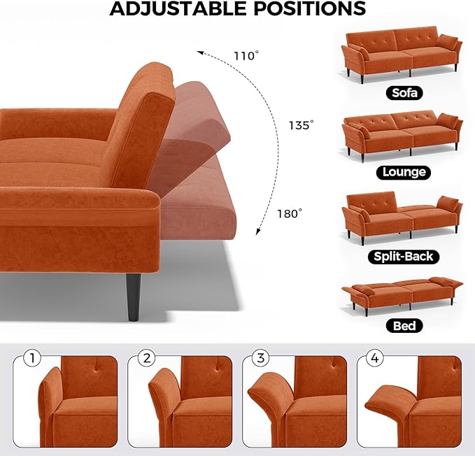 89” Futon Sofa Bed, Comfy Futon Couch Bed with 2 Square Pillows, Convertible Sleeper Sofa with Adjustable Backrest&Armrests, Modern Loveseat Sleeper for Living Room,Velvet Fabric,Burnt Orange