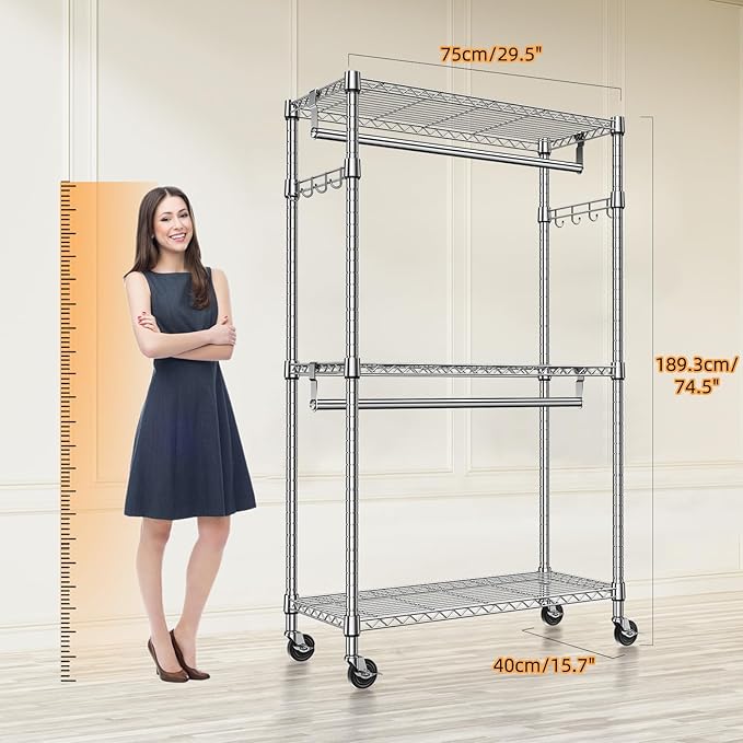 Heavy Duty Rolling Garment Rack 3 Tiers Adjustable Wire Shelving Clothes Rack with 2 Rods and Side Hooks,Storage Closet Clothing Rack with Wheels Chrome 15.7" D x 29.5" W x 74.5" H